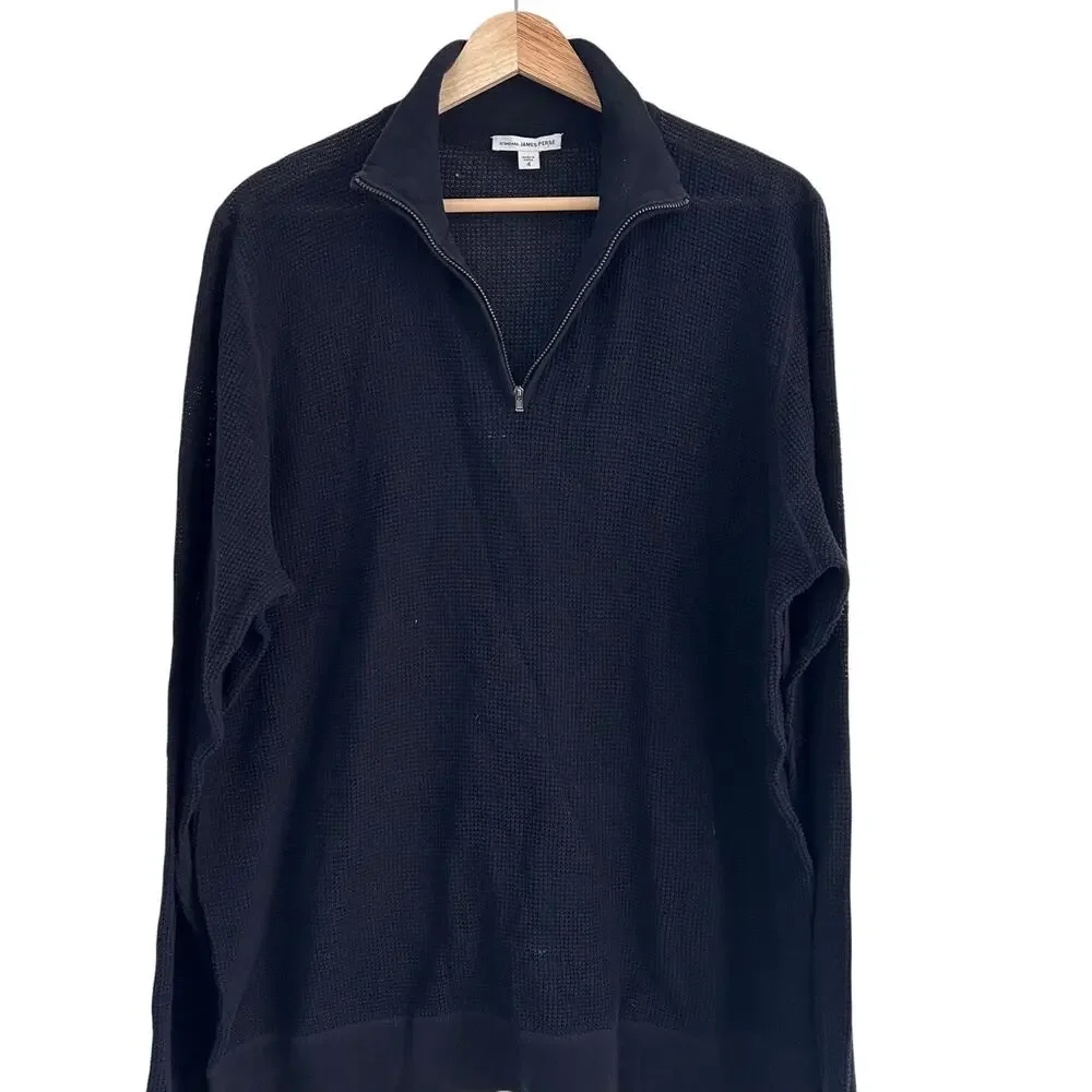 James Perse Brushed Thermal 1/4 Zip Sweater Black XL Minimalist Pullover